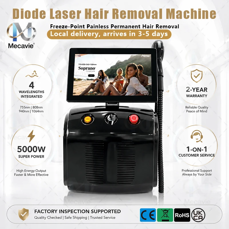 Appareil d'épilation au laser à diode portable à 4 longueurs d'onde 755 808 940 1064 nm, dispositif d'épilation indolore à refroidissement par glace, 10/12/16 barres à pression réglable, équipement d'épilation permanente pour tout le corps, pour salon et usage domestique, certifié CE