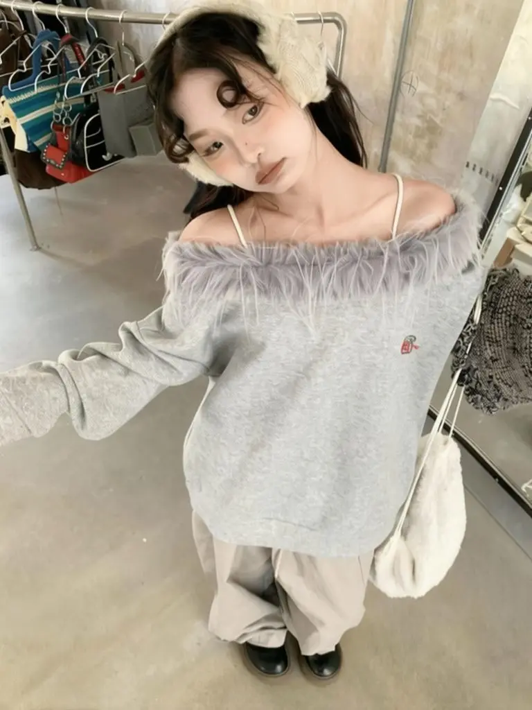 Sudadera de lana con hombros descubiertos para mujer, estilo dulce y sexy, oversize, de forro polar técnico, cálida, gris, con capucha