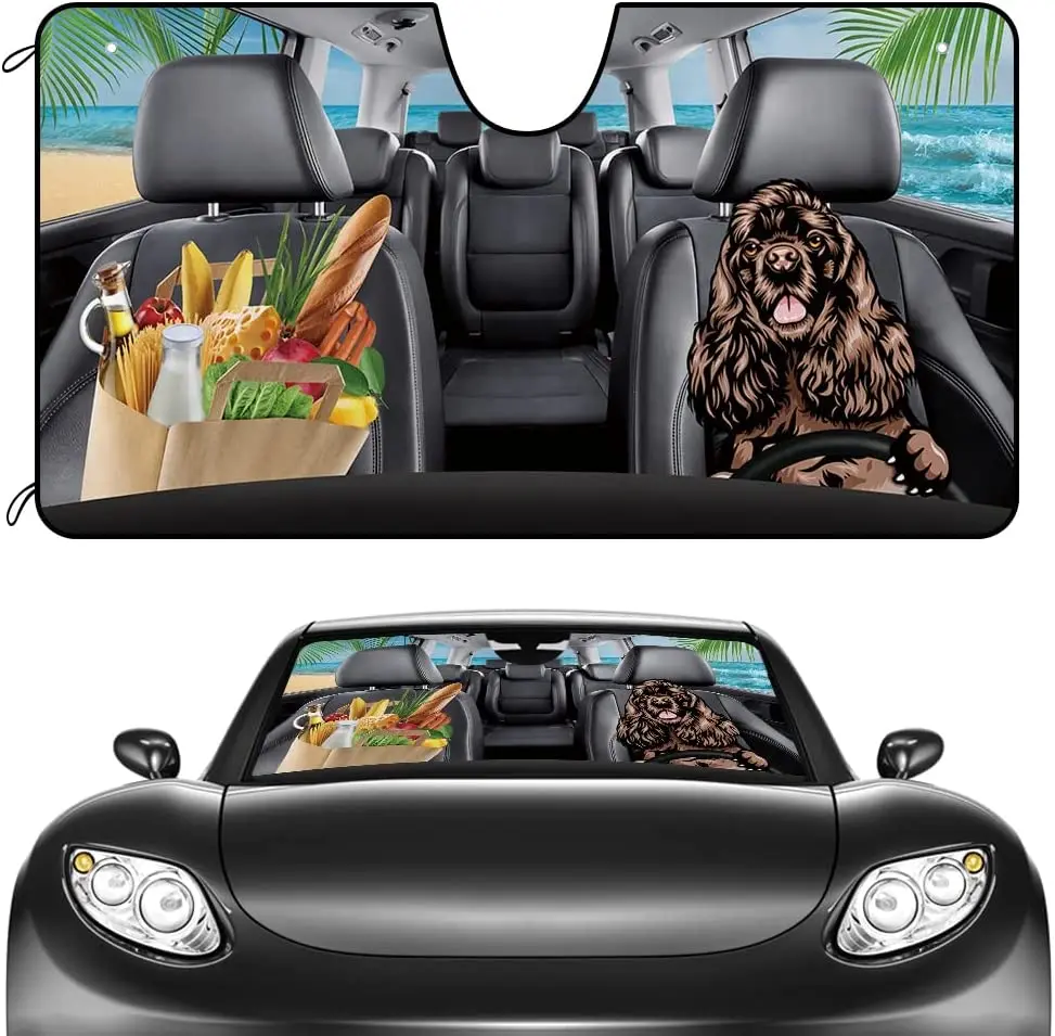 

CafeTime Car Windshield Sunshade Cute Cocker Spaniel Dog in The Beach Summer Decor Vehicle Front Windshield Sun Shade Visor UV R