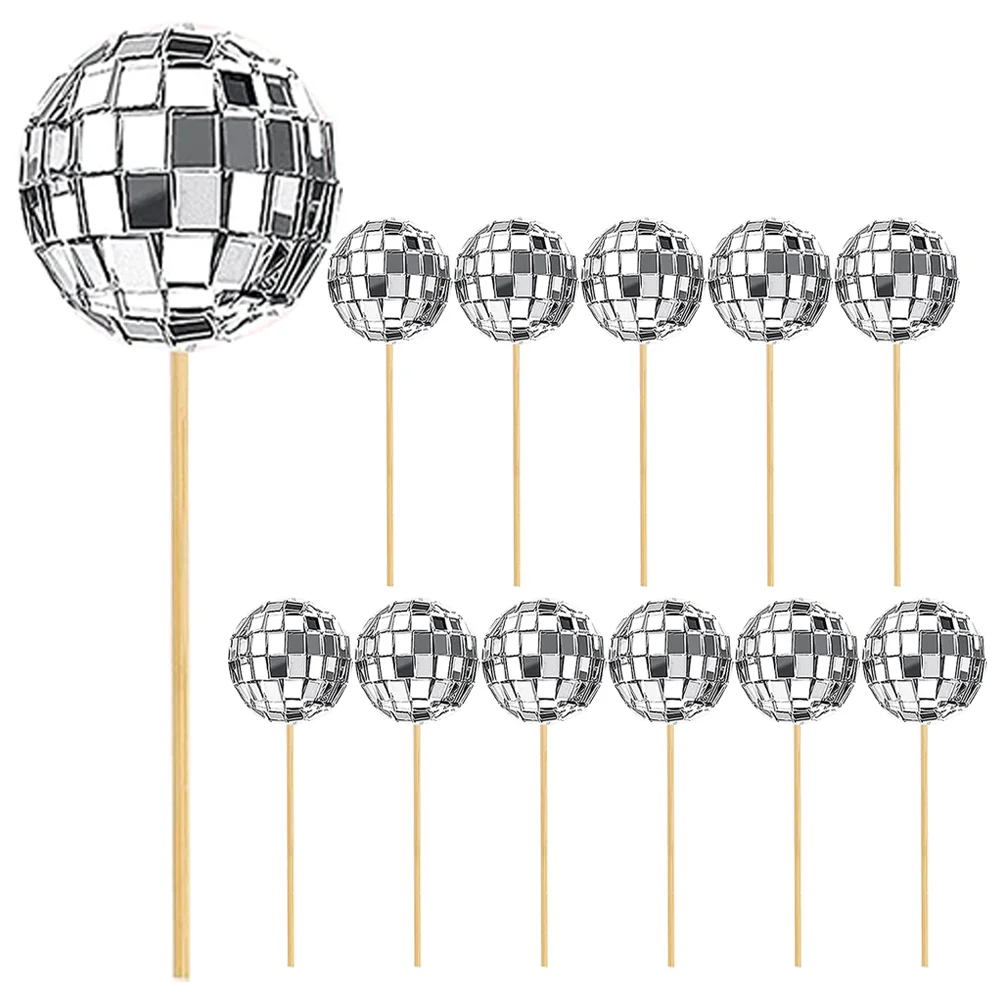 12 Pcs Disco Cake Sign Gold Decor Decorations Paper Cup Wedding Insert Inset Ball Wood + Glass Cupcake Topper Baby