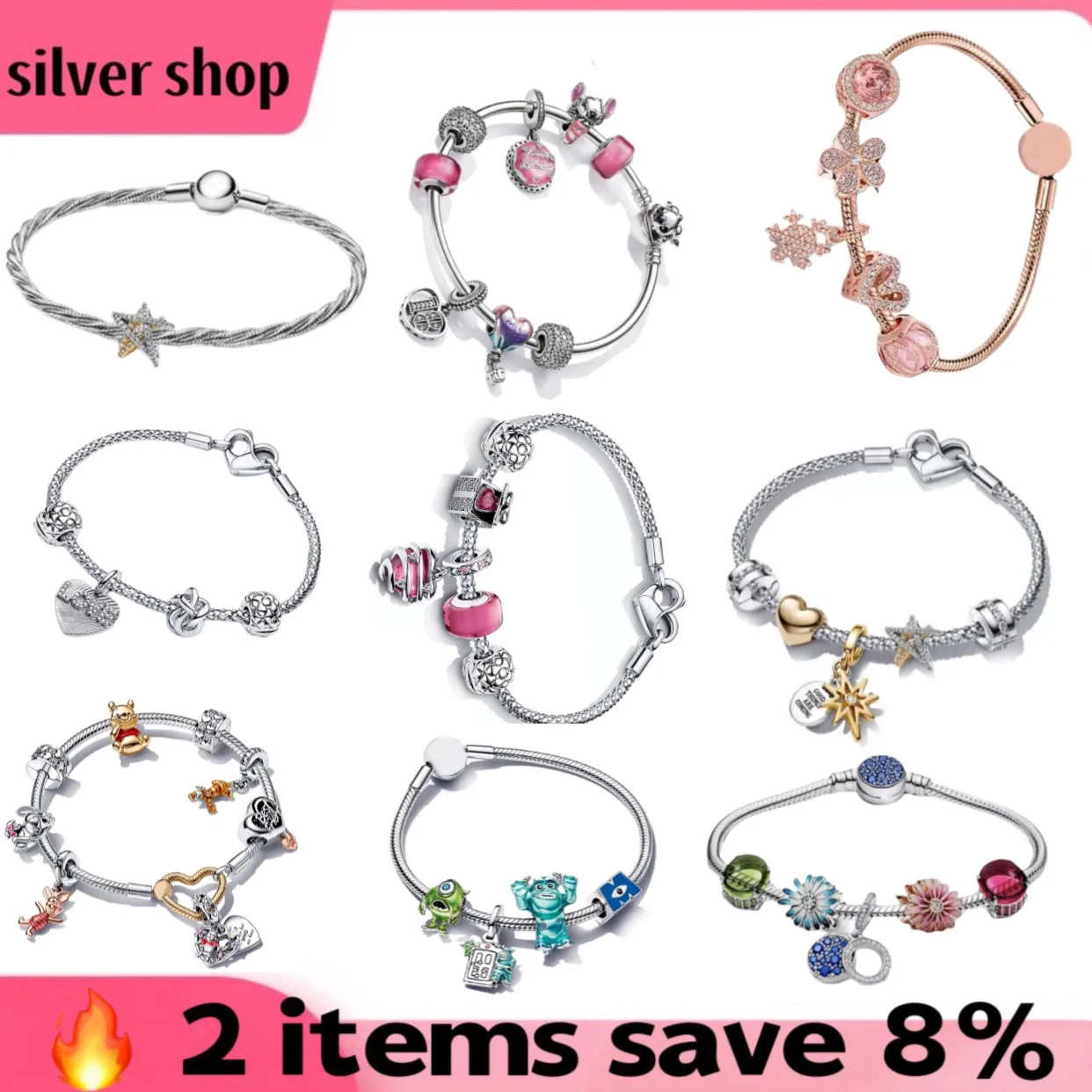 

Set Series 100% 925 Sterling Silver Fashion Disney Stitch Winnie Poon Love Flower Star Charm Bead Bracelet Women Party Jewellery