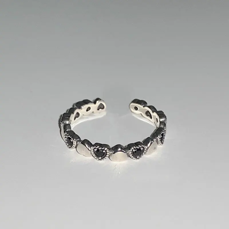 100% Solid 925 Sterling Silver Resiazble Rings Black Cute Heart-Shape Gem Crystal Retro Style Chic Women's Jewelry