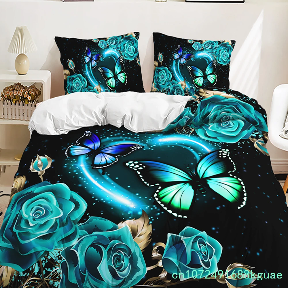 Purple Butterfly Rose Bedding Sets Fashion Duvet Cover Sets Twin Full Queen King Size Pillowcase For Kids Adult Gift Bed Linen 6