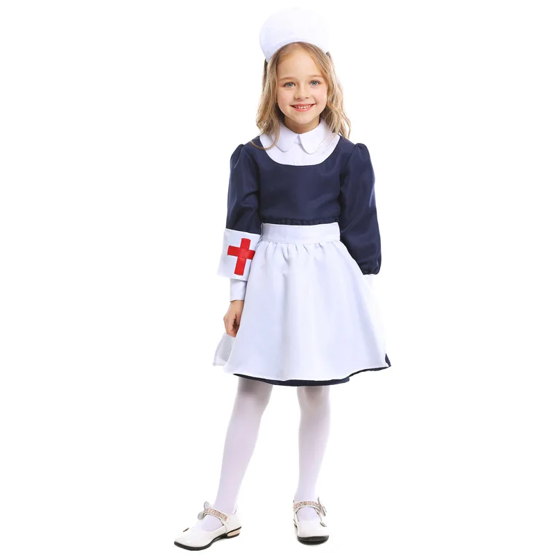 Nurse Cosplay Costume for Children Apron Maid Nurse Uniform Girl Carnival Party Performance Costume Set Cute Halloween Dress