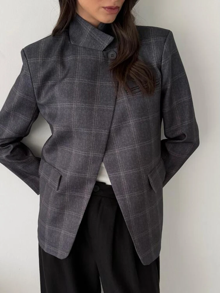 FANAN Women's Plaid Contrast Color Blazers Stand Collar Asymmetry Design Fit Coats Fashion Female Jackets 2026 Spring New