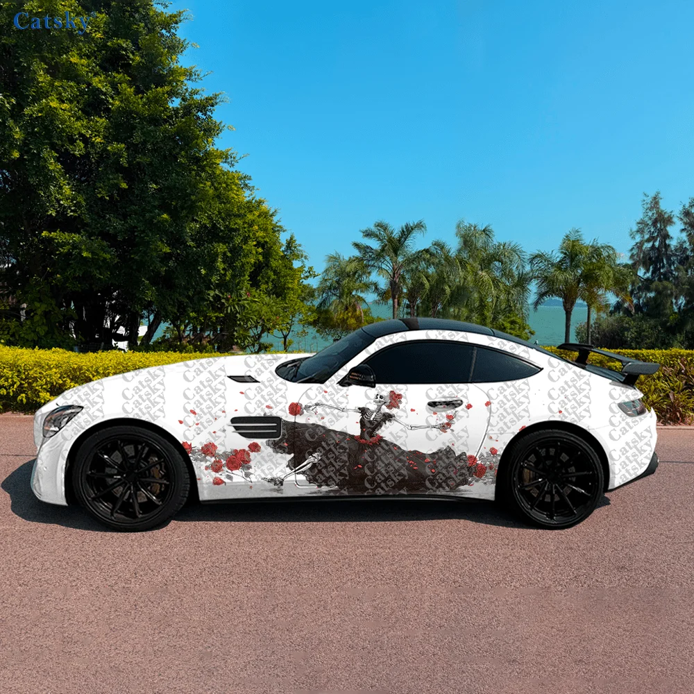 

CATSKY.2pcs.Dancing Skull in Rose & Black Dress Car Side Decals | Self-Adhesive PVC Waterproof & Scratch-Resistant Stickers