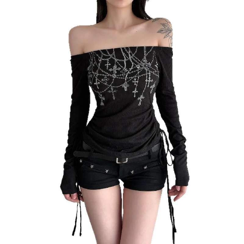 

Dark Style Chain Printed Slash Shoulder Long Sleeved T-shirt For Women Slim Fit With Off Shoulder Top For Autumn