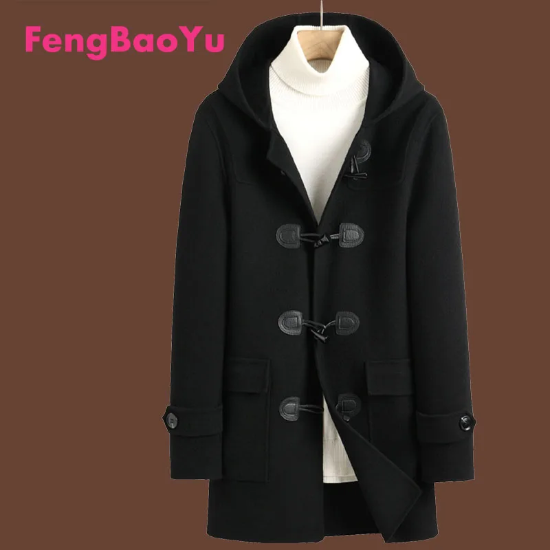 

Fengbaoyu Double-sided Wool Autumn Winter Men's Hooded ox Horn Buckle Long Coat Cashmere Woolen Trench Coat Casual Coat Trend