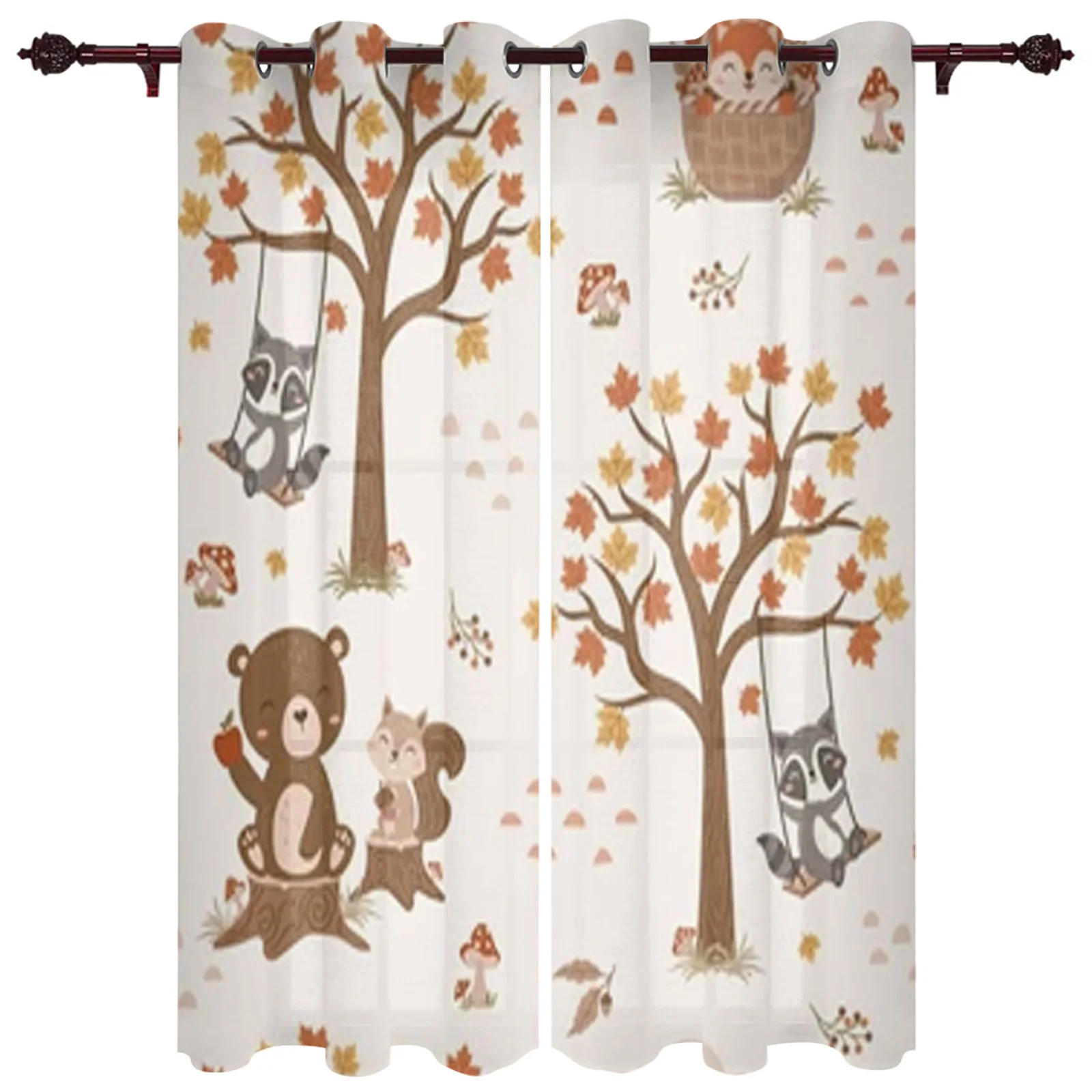 Cute Woodland Animals Racoon Bear Window Curtains For Living Room Luxury Bedroom Decor Drapes Kitchen Window Treatments Curtains