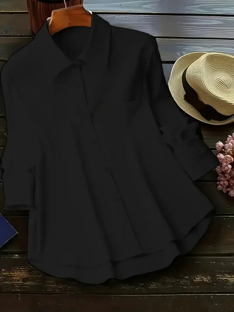 Plus Size Women Cotton Linen Button Down Shirts Long Sleeve Lapel Shirt Tops Solid Color Loose Casual Tops 2