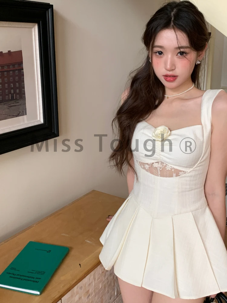 Princess Elegant Chic One Piece Dress Women Solid Vintage Cute Mini Dress Female Y2k French Style White Flower Strap Dress 2024