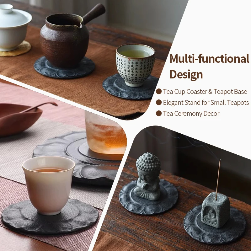 Black Golden Stone Tea Coaster 10cm Natural Basalt  Hand Carved Lotus Pattern Kung Fu Tea Cup Pad Home Decor Gift for Tea Lovers