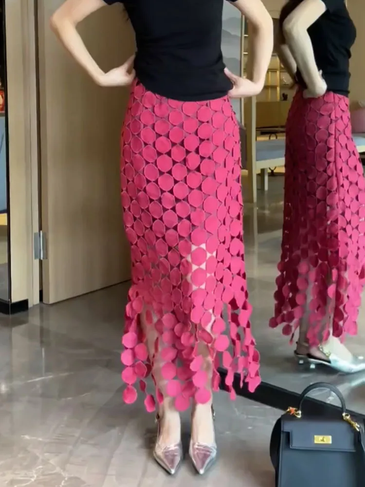 

Faionable Polka Dot Wrap around High Waist Skirt Long Drapey Tassel Trim Midi Skirt Spring Summer New Arrival Women's Skirts