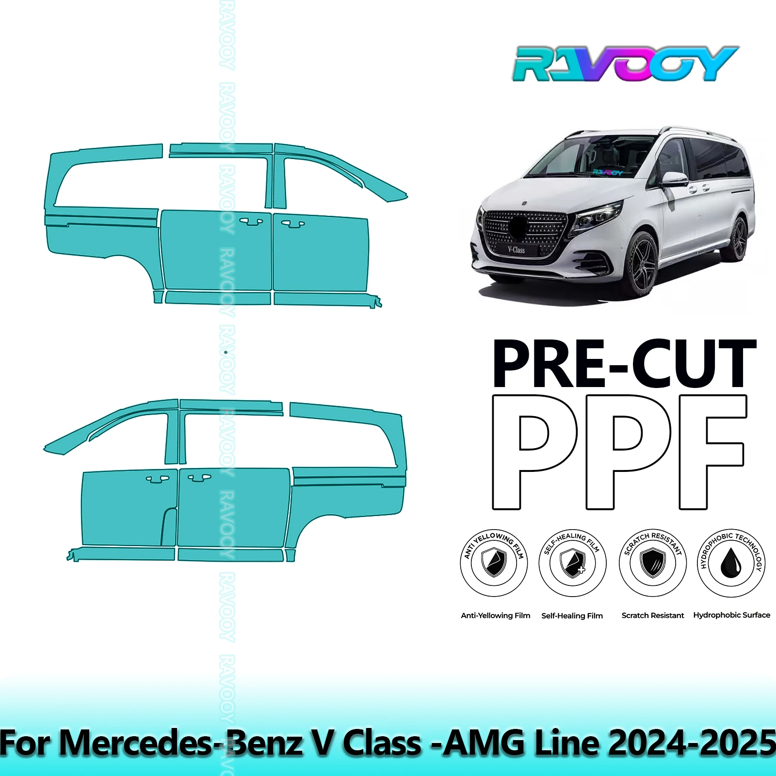 

For Mercedes-Benz V Class -AMG Line 2024-2025 8.5mil Clear Matte Pre-Cut PPF Door & A/B Pillar Kit TPU Paint Protection Film Set