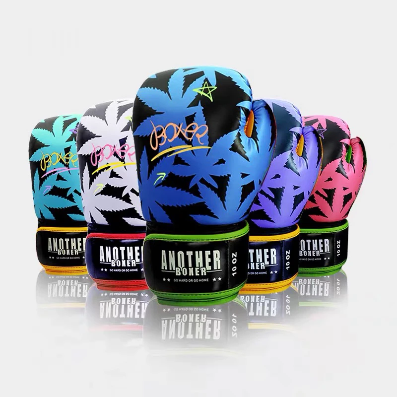 Boxing Gloves Men Women Kids PU Leather Kickboxing Gloves 4‑14 Oz Maple Leaf Printed Muay Thai Training Sparring Punching Gloves