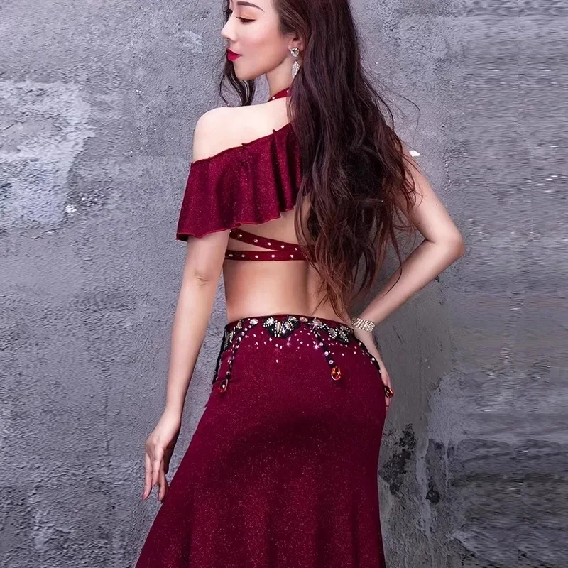 

customized belly dance performance costume set women's hot stamping bra side slit hip hugging fish tail one-piece long skirt