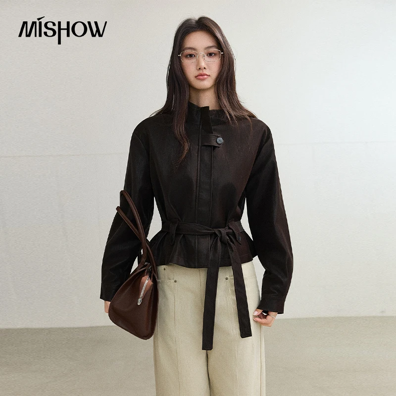 MISHOW Women's Jacket 2026 Autumn Winter Matte Faux Leather Cropped Jacket Relaxed Fit Biker Commuter Female Clothing MXF48W1139