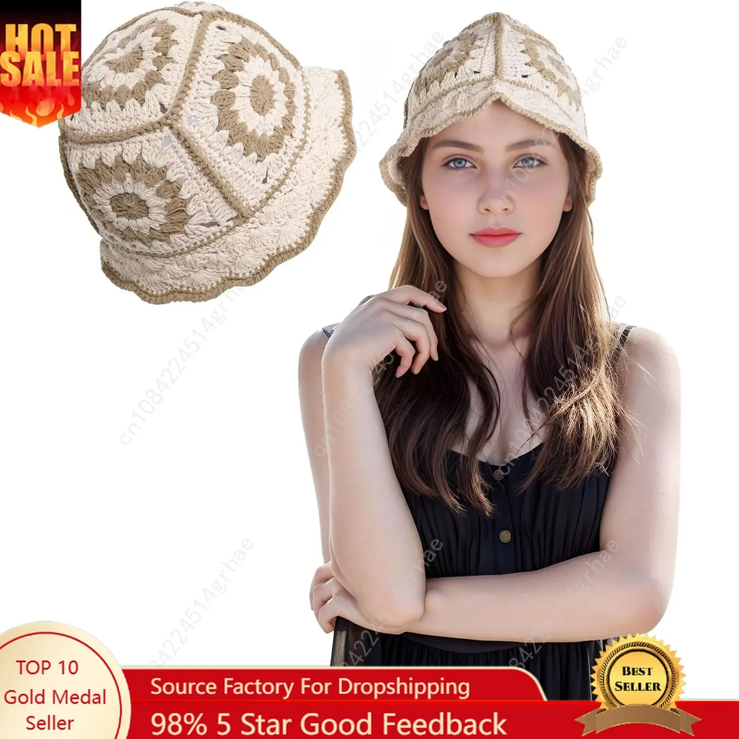 قبعة دلو كروشيه للنساء، قبعة دلو محبوكة على شكل زهور للنساء السود، أزياء خارجية #1