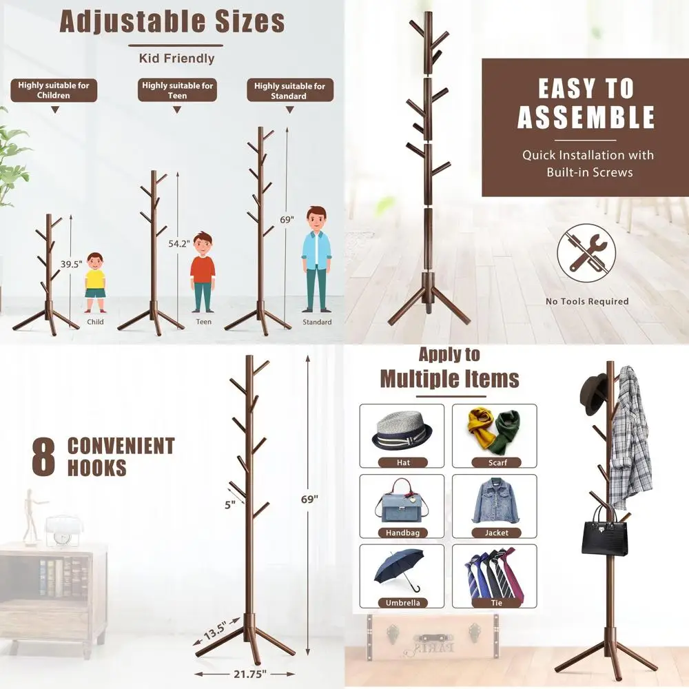 

Вешалка-дерево с 8 крючками из сосны для легкой сборки, идеально подходит для пальто, шляп и аксессуаров в прихожей, коридоре, спальне или офисе