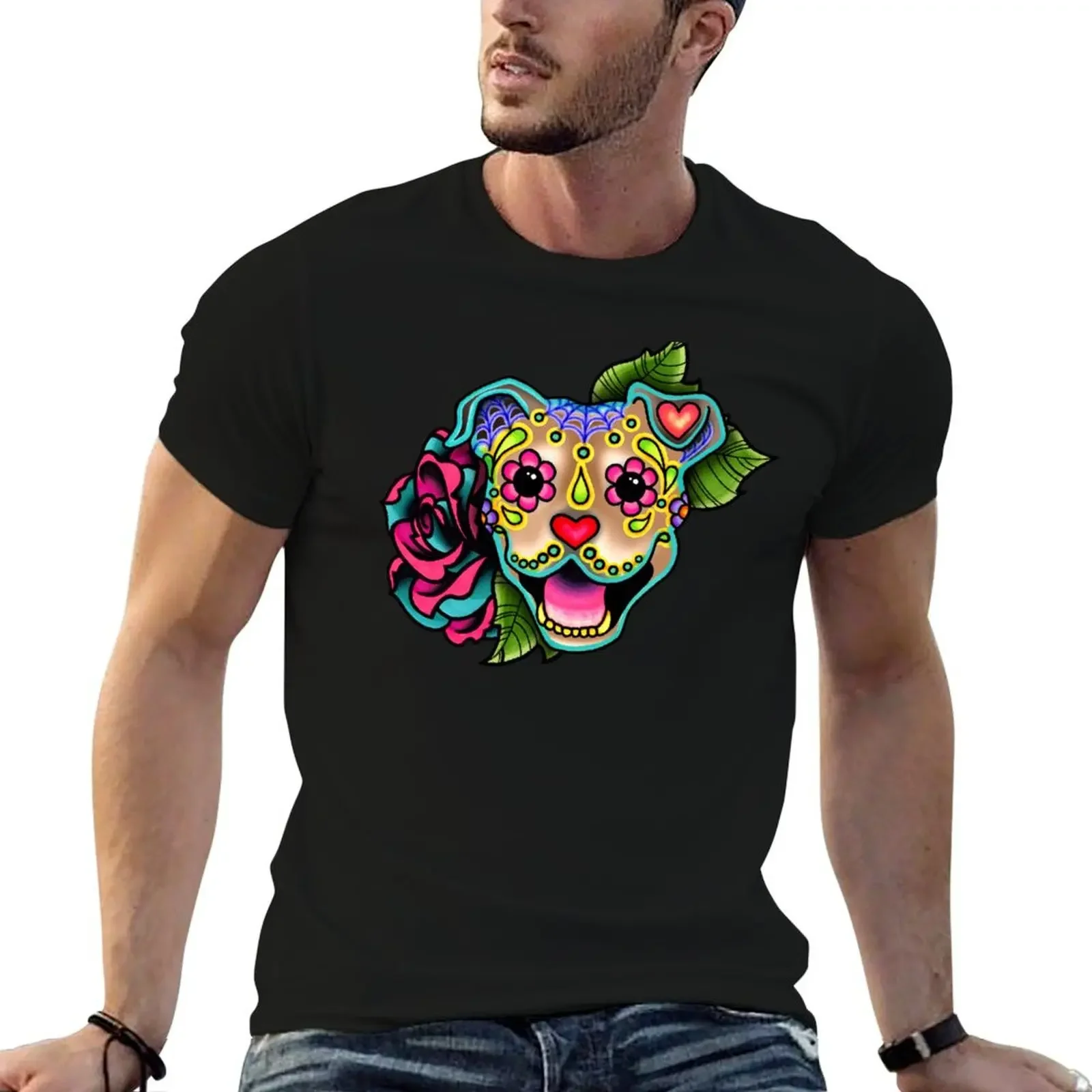 

Smiling Pit Bull in Fawn - Day of the Dead Happy Pitbull - Sugar Skull Dog T-Shirt summer tops clothes vintage t shirt men