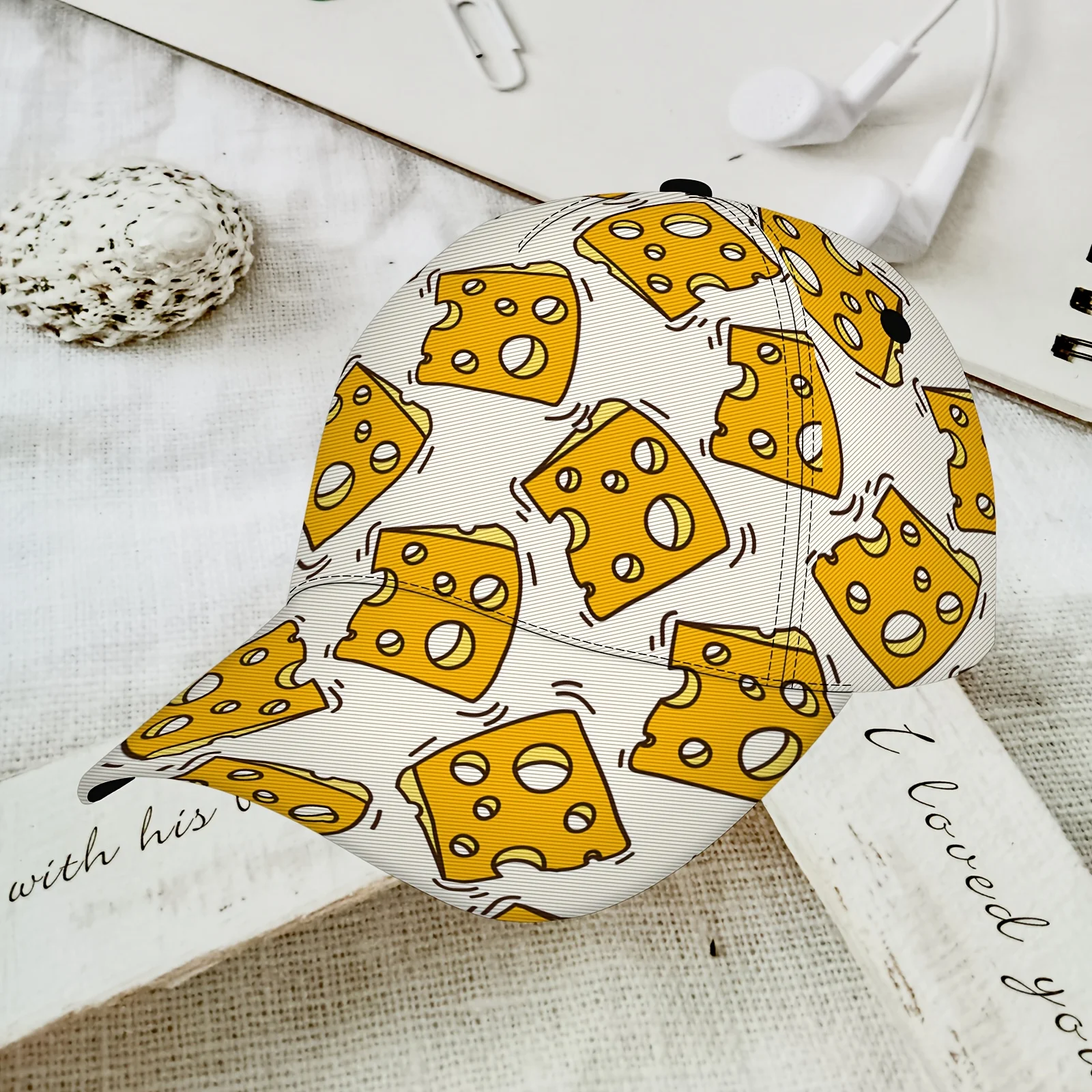 Cheese Slice Print Baseball Cap Cute Cartoon Swiss Cheese Pattern Adjustable Dad Hat Breathable Sun Hat for Food Lovers