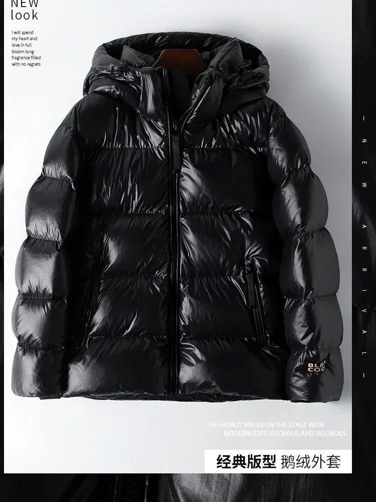 Jaqueta puffer impermeável com capuz para homens e mulheres, sobretudo de pato, casaco de penas preto e dourado, roupa de neve para casal, inverno