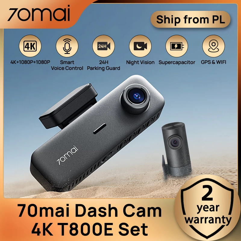 Cámara para Auto 70mai Dash Cam 4K T800E de 3 Canales (Frontal, Trasera e Interior) 3 en 1 con Control por Voz, Monitoreo de Estacionamiento 24H, Supercondensador, GPS y Cámara Trasera 1080P Tres cámaras, GPS y Wi-Fi
