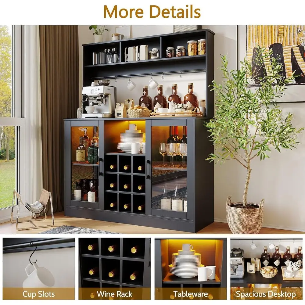 LED照明付き9本用ワイン＆リキュールキャビネット、電源コンセント付き、調節可能な棚、ブラック、47.2D x 15.74W