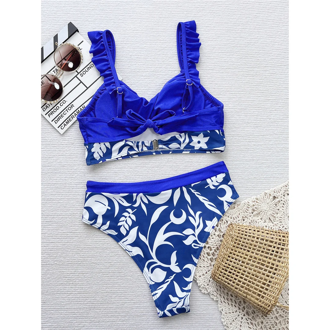 Bedruckter, gespleißter, gerüschter Damen-Badeanzug, Bikini mit hoher Taille, zweiteiliges Bikini-Set, Damen-Badebekleidung, Badeanzug, Schwimmanzug V5955 – Detail 9