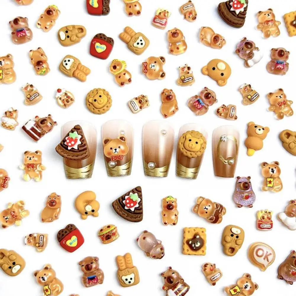 Creative Kawaii Brown Guinea Pigs Nail Art Decorations Cartoon Adorable Bowknot Biscuits Bears Nail Charms Accessories DIY Nails