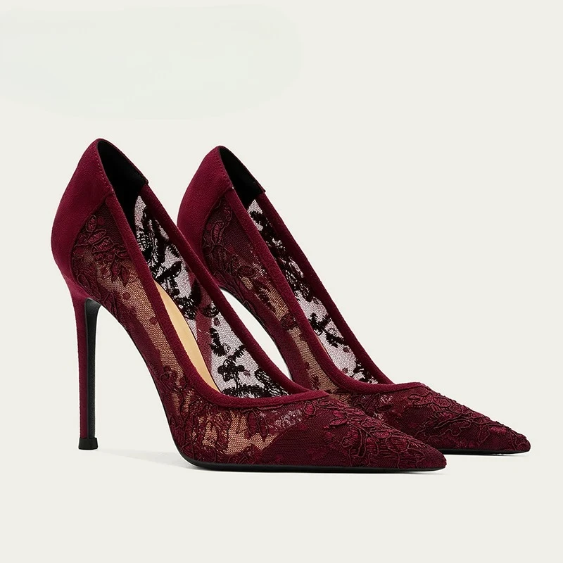 New Pointed Stiletto High Heels Women's Burgundy Mesh Lace Breathable Skirt Shoes Wedding Shoes Retro Elegant Bride Shoes Female