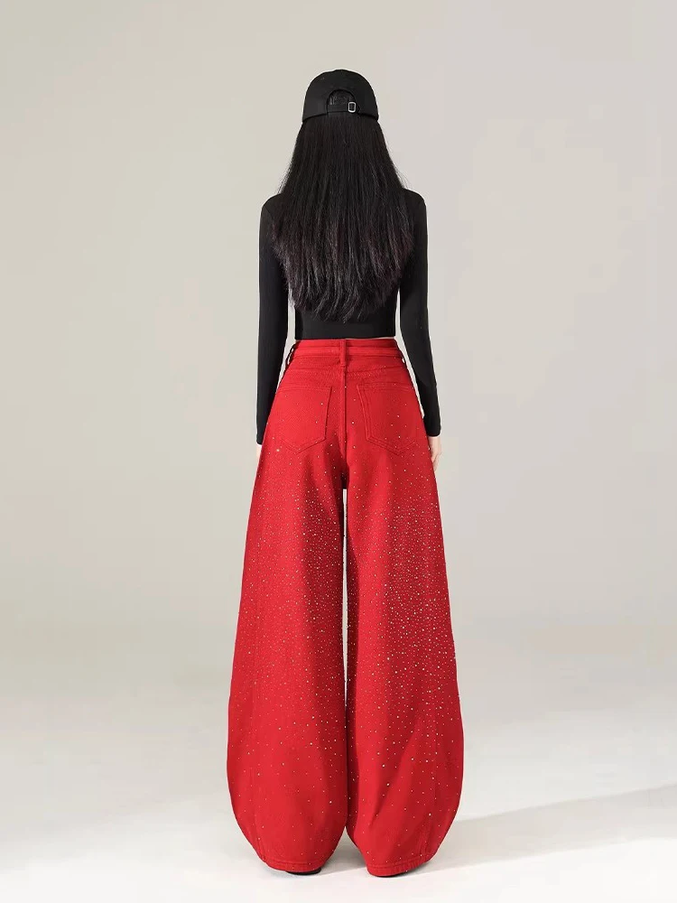 REDDACHiC Women Trendy Red Rhinestone Jeans Kpop Sparkly Vintage Wash Patchwork Wide Leg Belted Barrel Pants Retro Everyday Wear