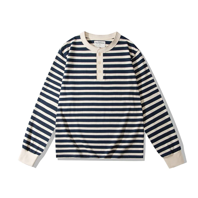 بسيطة مخطط طباعة هنري تي شيرت موضة كم طويل زر علوي الربيع والخريف الرجال عادية تي شيرت الشارع الهيب هوب الرجال الملابس