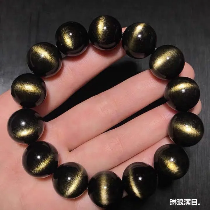 Natural Collectible Gold Obsidian Bracelet with Double Golden Cat Eye Beads, Crystal Cat Eye Black Gold Obsidian