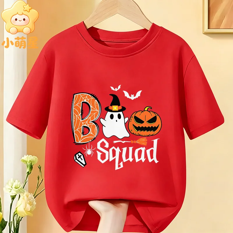 Funny Boo Squad Letter Children T‑shirt Halloween Ghost Pumpkin Spider Print Soft Cotton Short‑sleeve Boys Girls Casual Tees