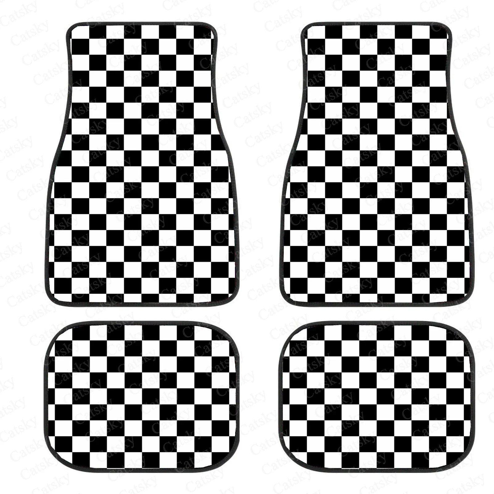 Black White Race Checkered Flag Pattern Car Floor Mats 4-Piece Front Rear Protection Set Carpet Universal All Weather