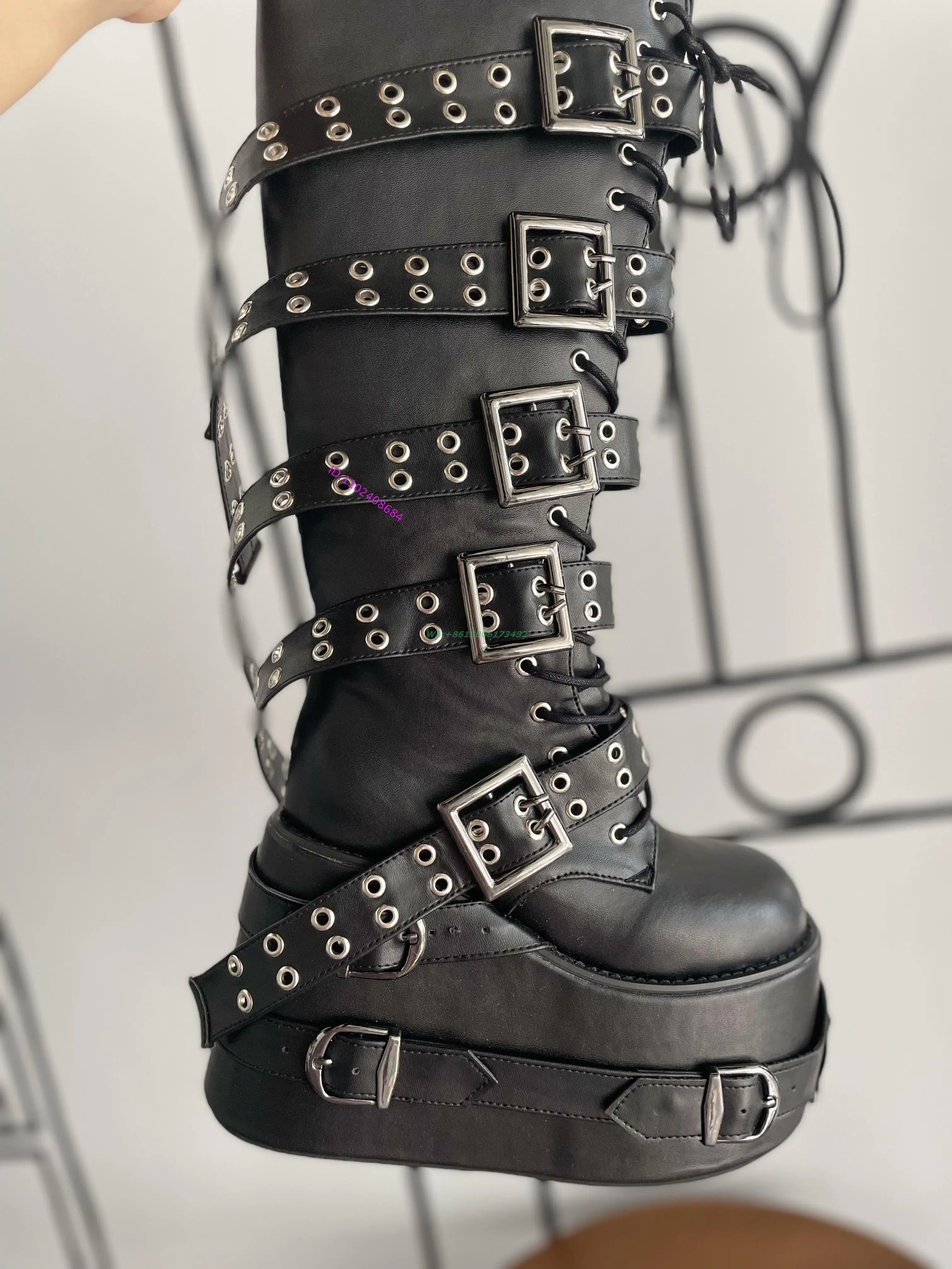 Real Photo Handmade Women Black Punk Thick-Soled Long Boots High Platform Belts Straps Metal Rivets Knee High Boots Plus Size