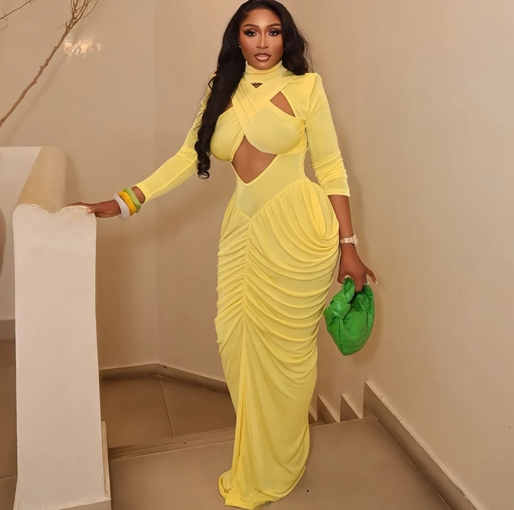 Women's High Neck Solid Full Sleeve Hollow Out Ruched Maxi Dress New Arrivals 2026 Streetwear Sexy Party Birthday Long Dresses