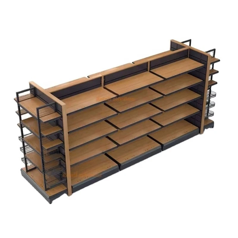 

Supermarket hot sale custom wooden double-sided grocery store display rack