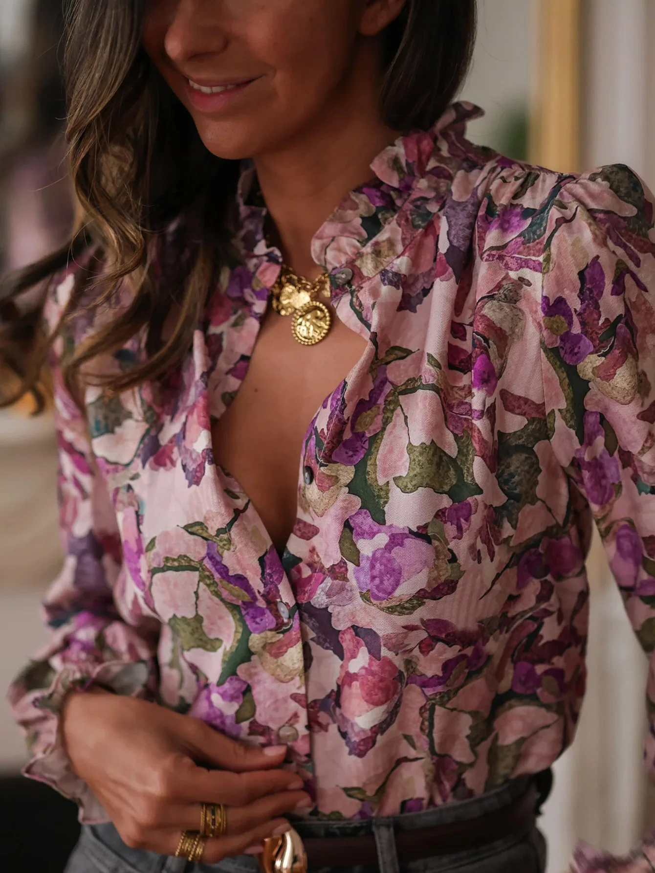 2026 New Summer Style Comfortable Floral 3D Digital Printing Women's Fashionable V-neck Loose Shirt Tops