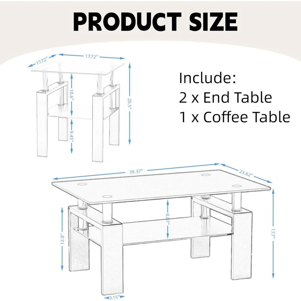 Modern Glass Coffee Table Set with Black Metal Frame for Living Room, Including 3 Piece Tables