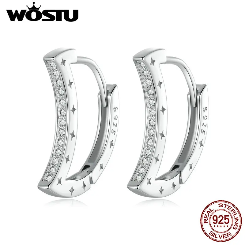 WOSTU 925 Sterling Silver Moon Star Ear Buckles For Women Shiny Zircon Special Style Hoop Earrings Wedding Engatment Party Gift