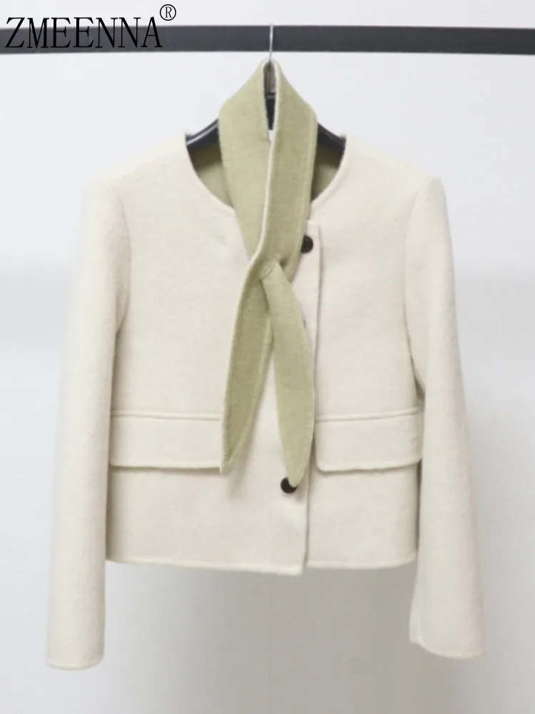 ZMEENNA 여성용 우아한 짧은 울 혼합 코트 재킷 칼라리스 디자인, 대비 색상 스카프 미니멀리스트 캐주얼 ZM4547