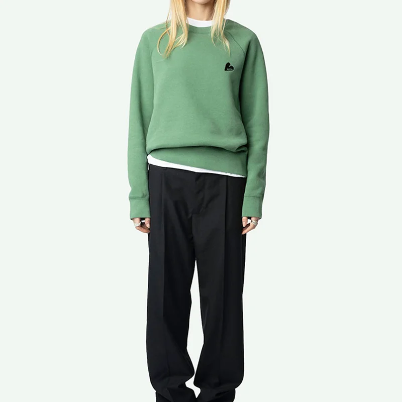 Women Green Pullover Love Embroidery Cotton Tops Female O-Neck Sweatshirts Casual Long Sleeve Sweatshirt Loose Winter Tops