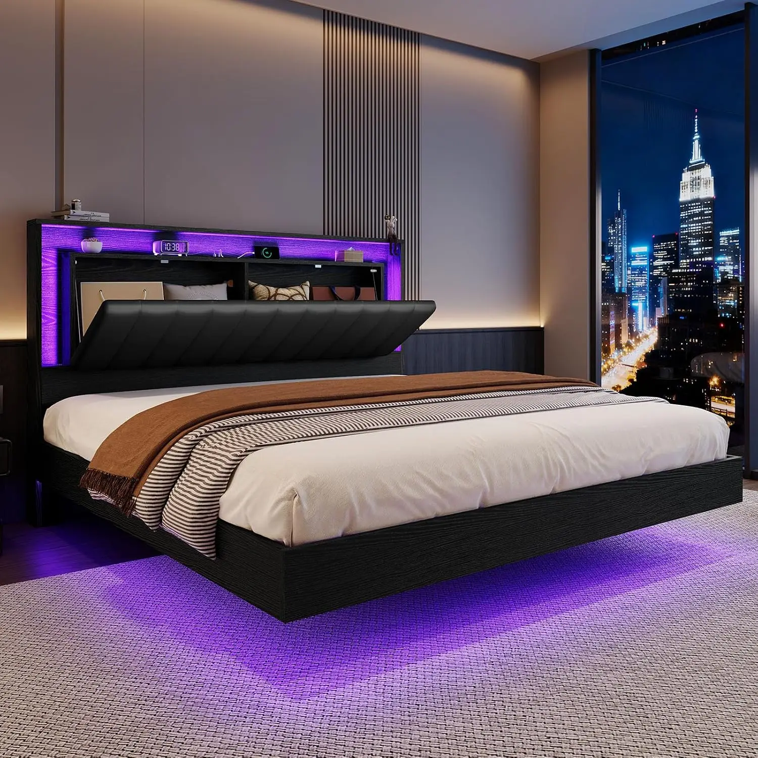 Queen Floating LED Bed Frame Modern Storage Black, Customized