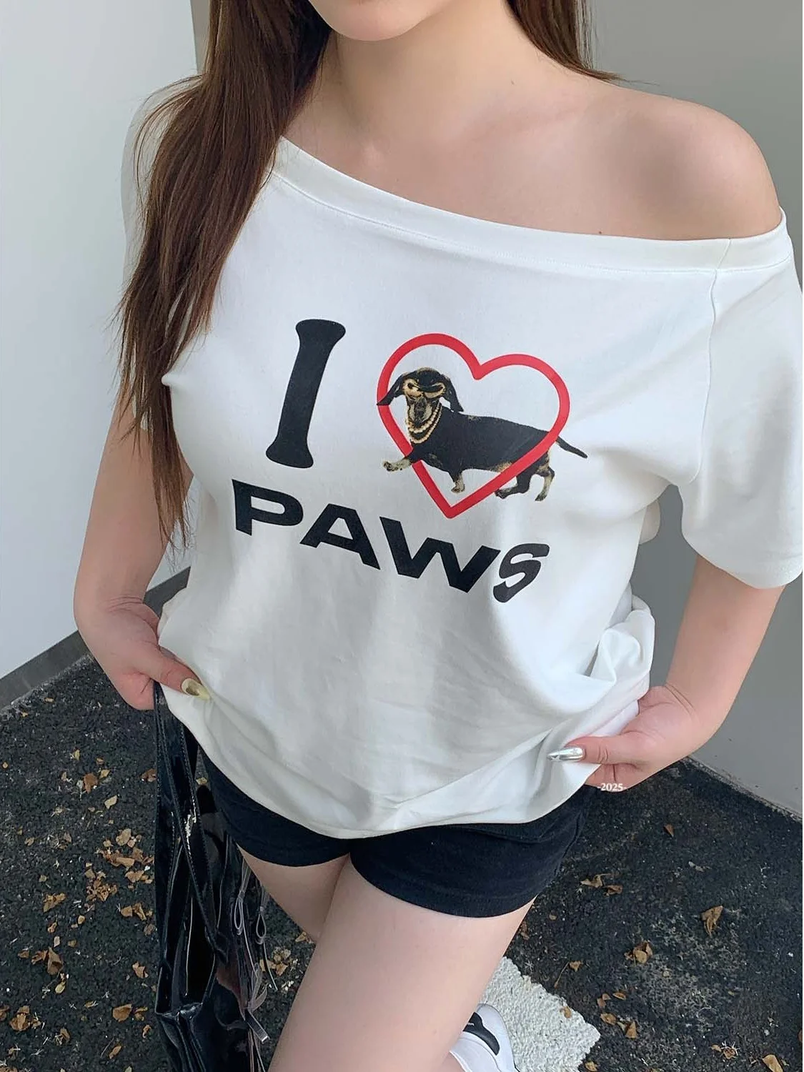 soul Retro Sausage Dog 플러스 사이즈 아메리칸 반팔 티셔츠 루즈 원 숄더 여름 여성 캐주얼 스타일 프린트 탑