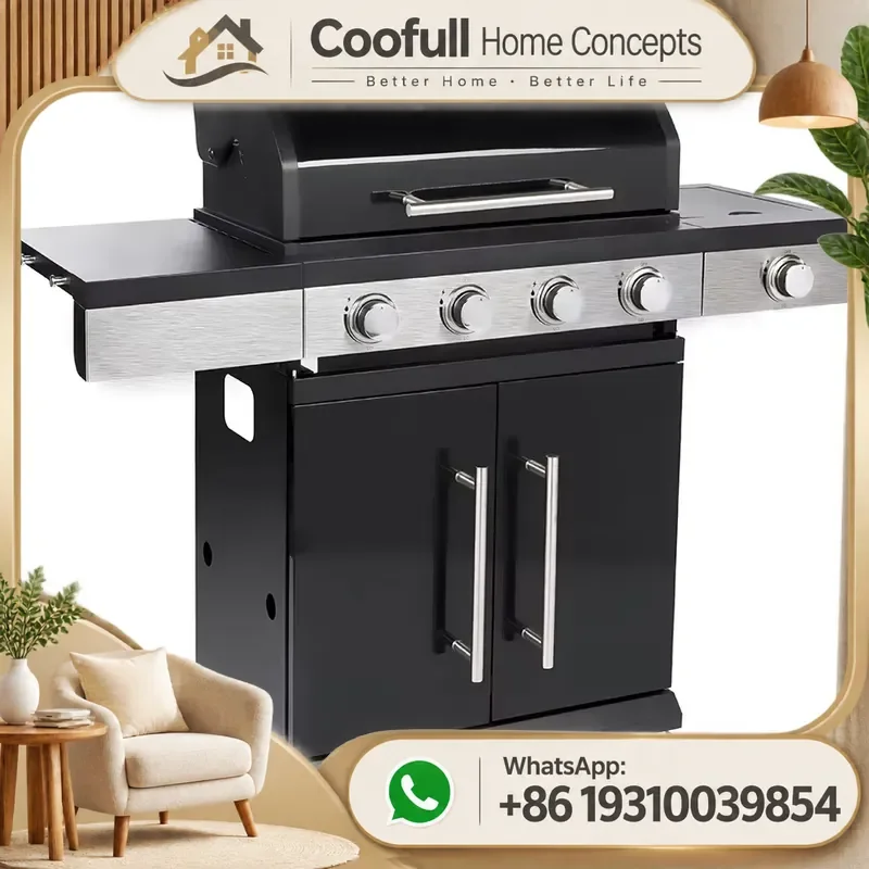 For Commercial Propane Gas BBQ Grill 5 Burners Iron Metal Outdoor Kitchen Trolley Barbecue Electronic Ignition Baking