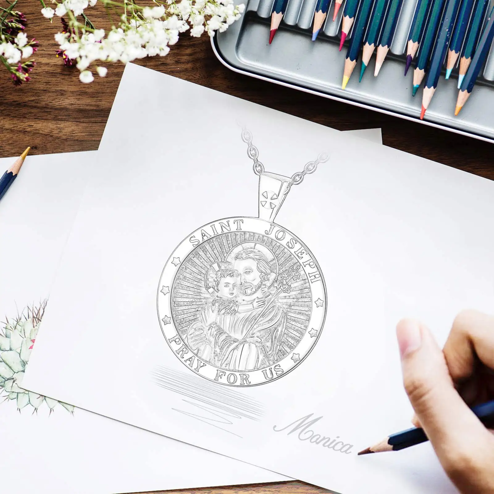 Eudora New 925 Sterling Silver Saint Joseph Necklace Religious Amulet Pendant Vintage Jewelry Men Women Personality Gifts