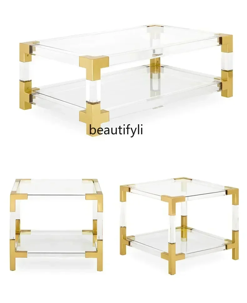 

ld25Light Luxury Modern Simple Acrylic Transparent Tempered Glass Rectangular Double-Layer Coffee Table Side Table
