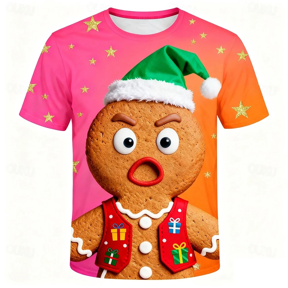 Christmas Men\'s Crew Neck T-Shirt 3D Gingerbread Man Snowflake Print Outdoor Christmas Gift Party Daily Casual Short Sleeve